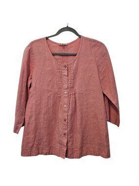 Eileen Fisher Salmon Pink Pleated Button Front Organic Linen Top Womens XS